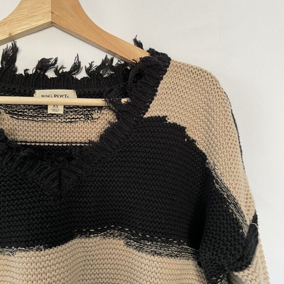 Rag Poets Distressed Black & Beige Sweater XS boho style casual semi cropped - Picture 2 of 8